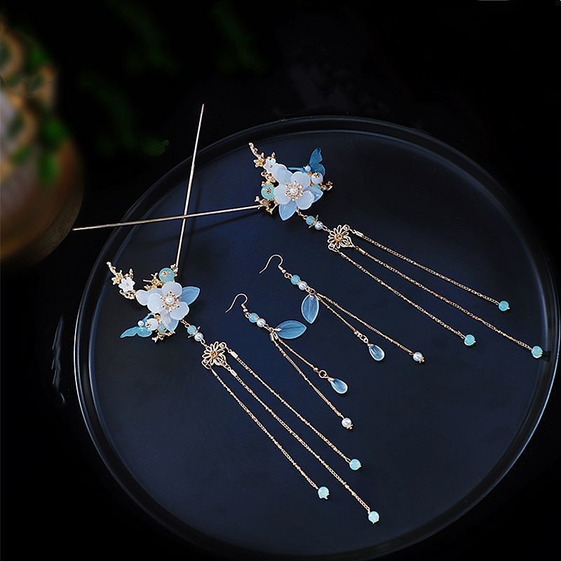 Bộ Kẹp Tóc Phối Tua Rua Kiểu Hán Phục Cổ Điển Dễ Thương Cho Bé Gái