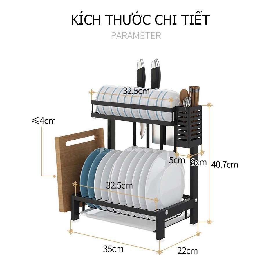 [KỆ INOX] Kệ để chén bát đĩa đa năng, Giá chén bát đĩa, dao, thớt, đũa, móc treo 2 tầng đủ phụ kiện - inox KHALIK