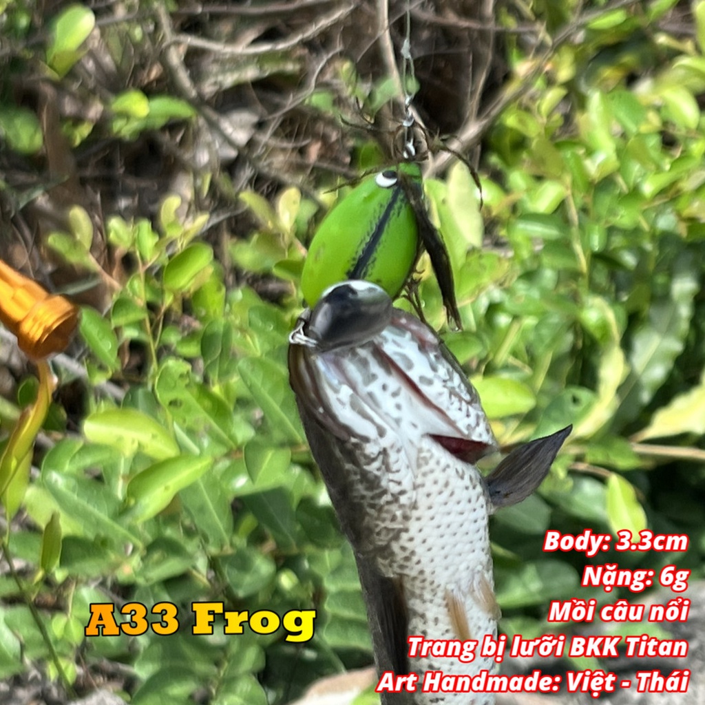 Mồi câu cá lóc Nhái Hơi A33 lưỡi Titan , mồi Lure Handmade cao su Thái Lan