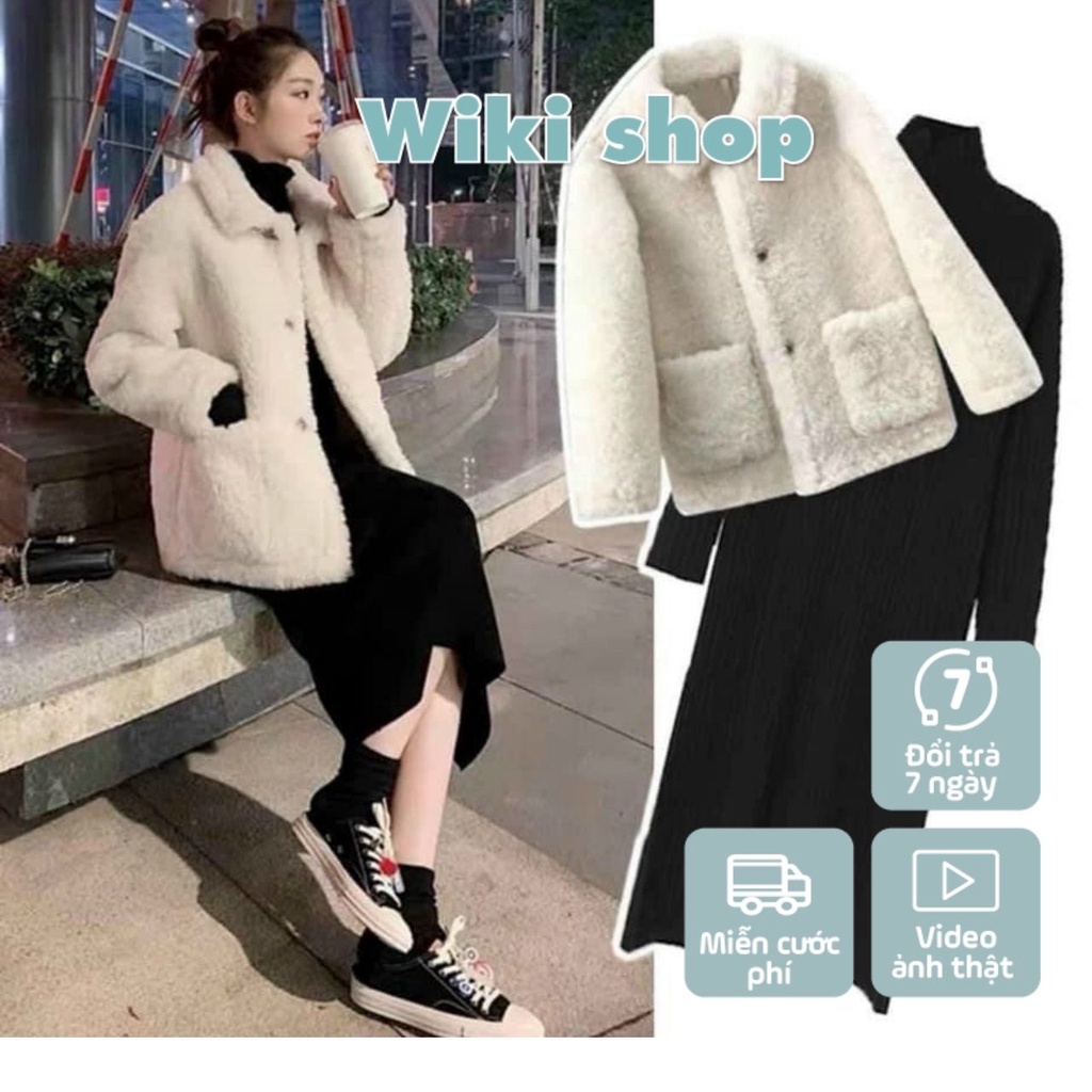 Set váy đầm thun tăm dài tay màu đen cô 3p mix áo khoác lông nữ trắng freesize sexy hàn quốc wikishop C483