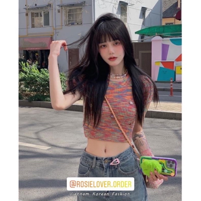 Áo kiểu ngắn nữ croptop len dày dặn tay phồng kẻ ngang nhiều màu - Order taobao quảng châu