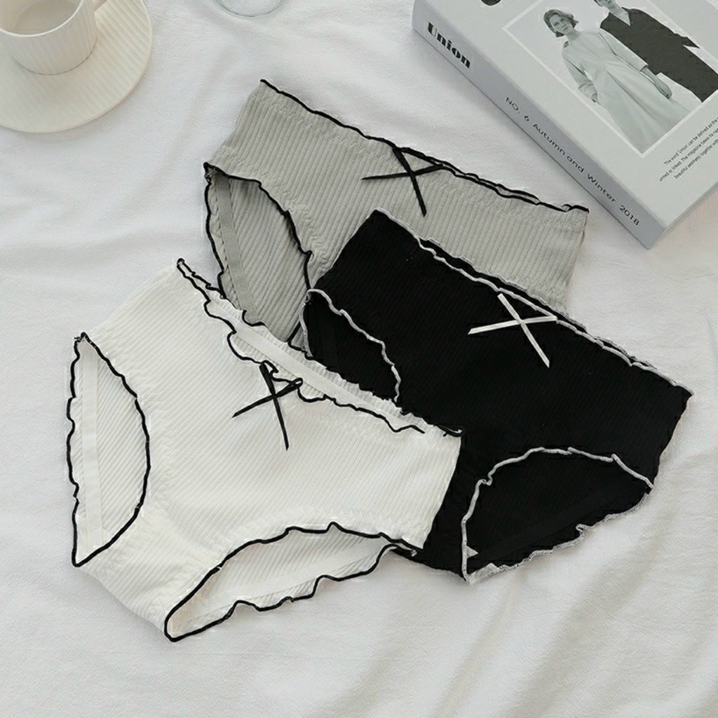Quần lót nữ,QL100- quần lót cotton gân tăm bèo nhúm xinh xắn