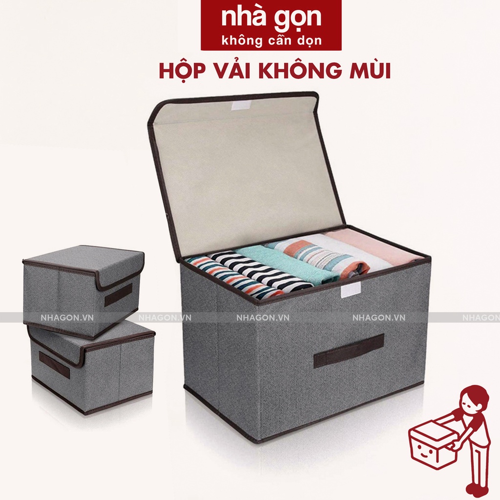 Hộp đựng đồ không mùi hôi viền nâu NHÀ GỌN, Hộp vải đựng chăn ga, quần áo - Hàng Việt Nam