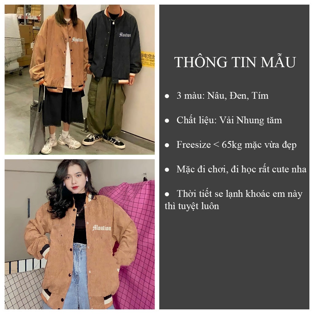 Áo khoác Bomber nhung tăm MOUTION Áo khoác Unisex Hàn Quốc hot trend - CUTE_ZOO