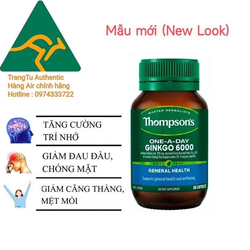 Bổ não Thompson's Ginkgo 6000mg 60 viên Úc.Cải thiện trí nhớ,giảm stress,căng thẳng,mệt mỏi,mất ngủ