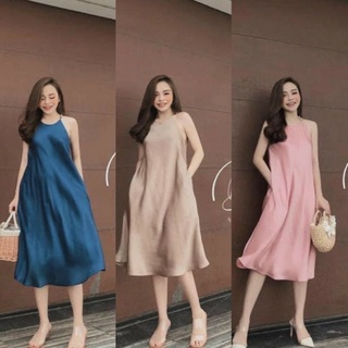 Váy lụa yếm chất mềm form suông [ 3 màu : hồng, xanh, be]