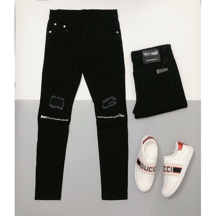 Quần Jean Phối Khoá Kéo Gối Dáng Slim Fit, Jean nam đen trơn.