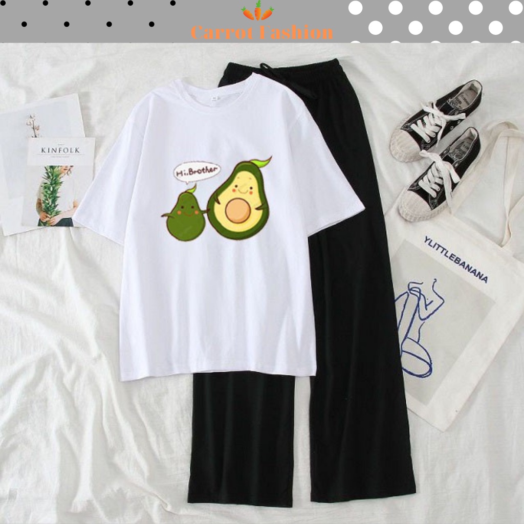 Sét Bộ Đồ Nữ Mặc Đi Chơi , Đi Học Mùa Hè, Áo Phông Nữ Cotton In Anh Em Bơ Mix Quần Ống Rộng Suông Phong Cách Hàn Quốc