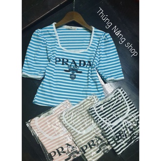Áo thun croptop cổ vuông, tay phồng, kiểu sọc