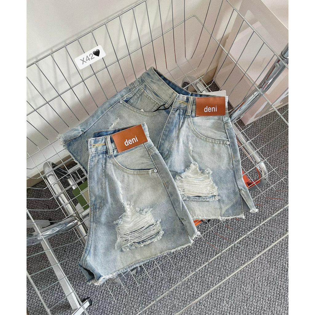 [SODM42] QUẦN SHORT JEAN ĐÙI NỮ LƯNG CAO RÁCH 2 MẢNG ĐÙI MẠC NÂU CHỮ DENI XẺ LAI LAI TUA MÀU XANH NHẠT MÁT MẺ HOT HIT