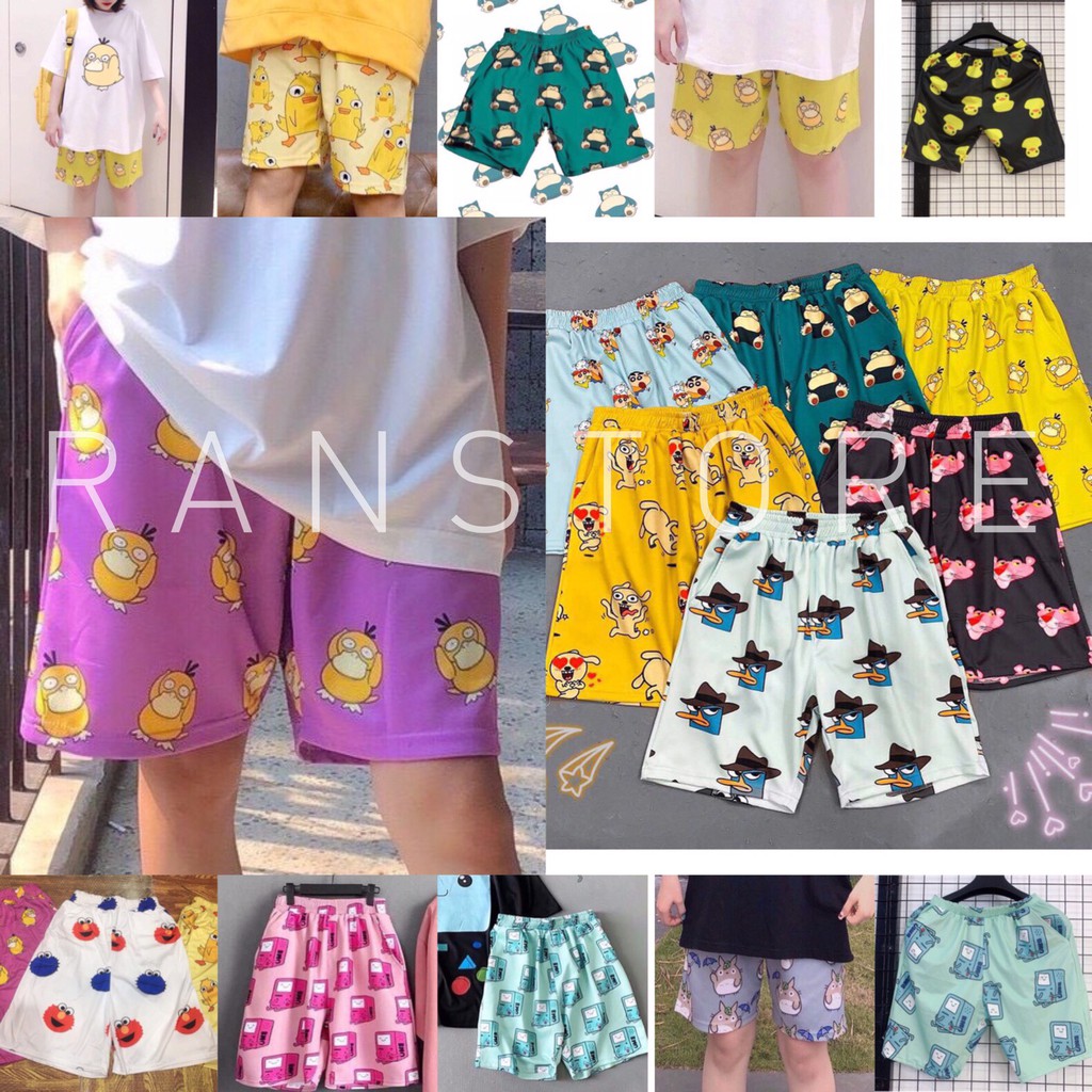 Quần short ống rộng cartoon unisex dáng lửng phong cách hàn quốc/ Quần đùi nam nữ in hoạt hình dễ thương_ranstore