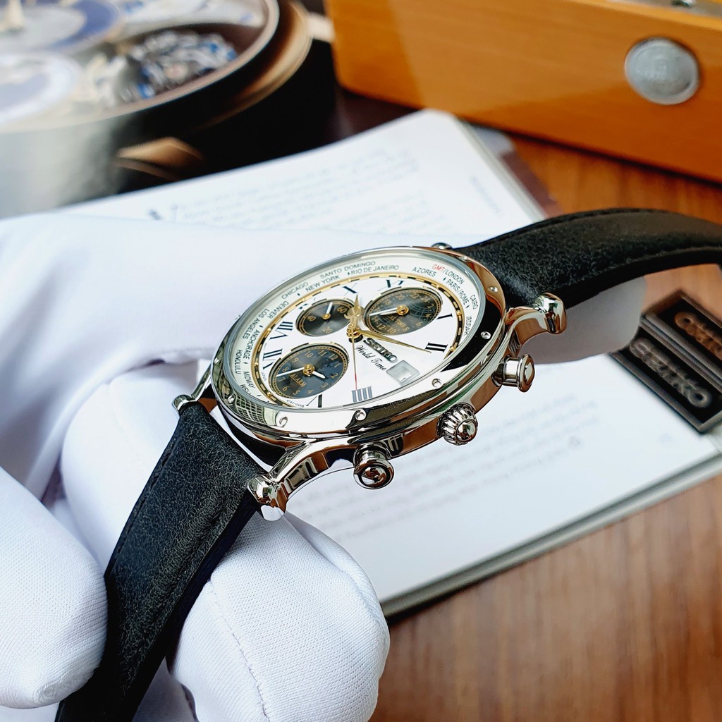 Đồng hồ Nam Seiko Chronograph World Time, kính cứng Hardlex, dây thép không gỉ SPL055P1