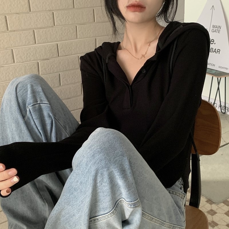 Áo hoodie ZHELIHANGFEI dài tay cổ chữ V eo cao thiết kế quyến rũ thời trang cho nữ