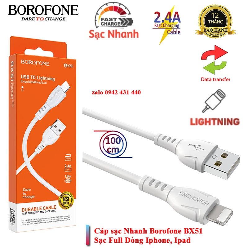 Dây cáp sạc nhanh Borofone BX51,cáp sạc cho các dòng điện thoại USB Ra ip,micro,type-c