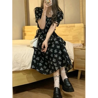 Đầm Midi Đen Tay Phồng In Họa Tiết Hoa Phong Cách Hàn Quốc Thời Trang Cho Nữ