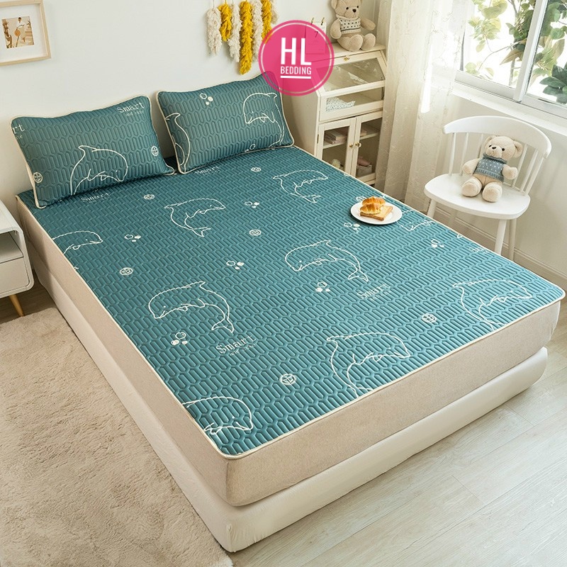 Chiếu điều hòa cao su non 5D Cá heo xanh  HL Bedding vải lụa Tencel mát cao su non Latex mềm mịn đủ kích thước m6/m8/2m2