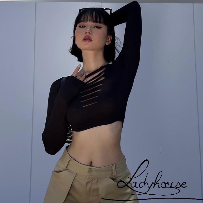 Áo Thun Crop Top Tay Dài Cổ Thuyền Màu Trơn Ôm Dáng Khoét Lỗ Dành Cho Nữ Đi Tiệc Câu Lạc Bộ