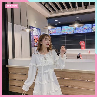 Đầm nữ tay dài buộc nơ, váy công sở dự tiệc dáng xòe viền tầng 66