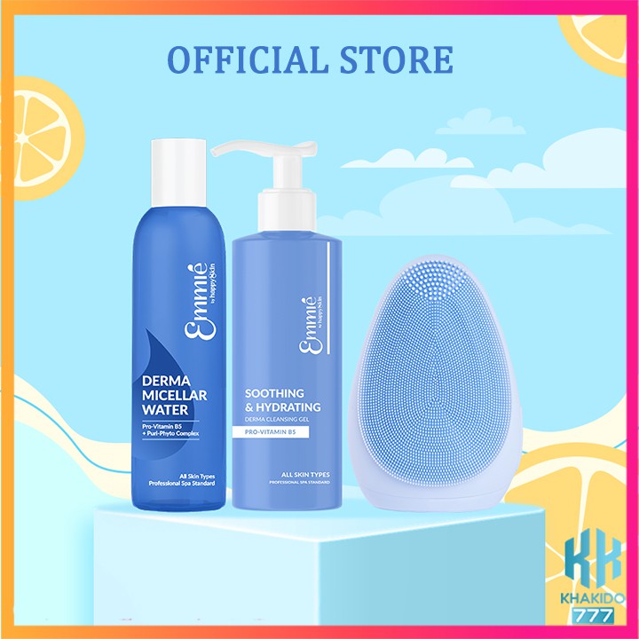 Combo 3 Món: Gel Rửa Mặt Emmié 180ml &amp; Nước Tẩy Trang Emmié 250ml &amp; Máy Rửa Mặt Chống Nước Emmié By HappySkin Chính Hãng