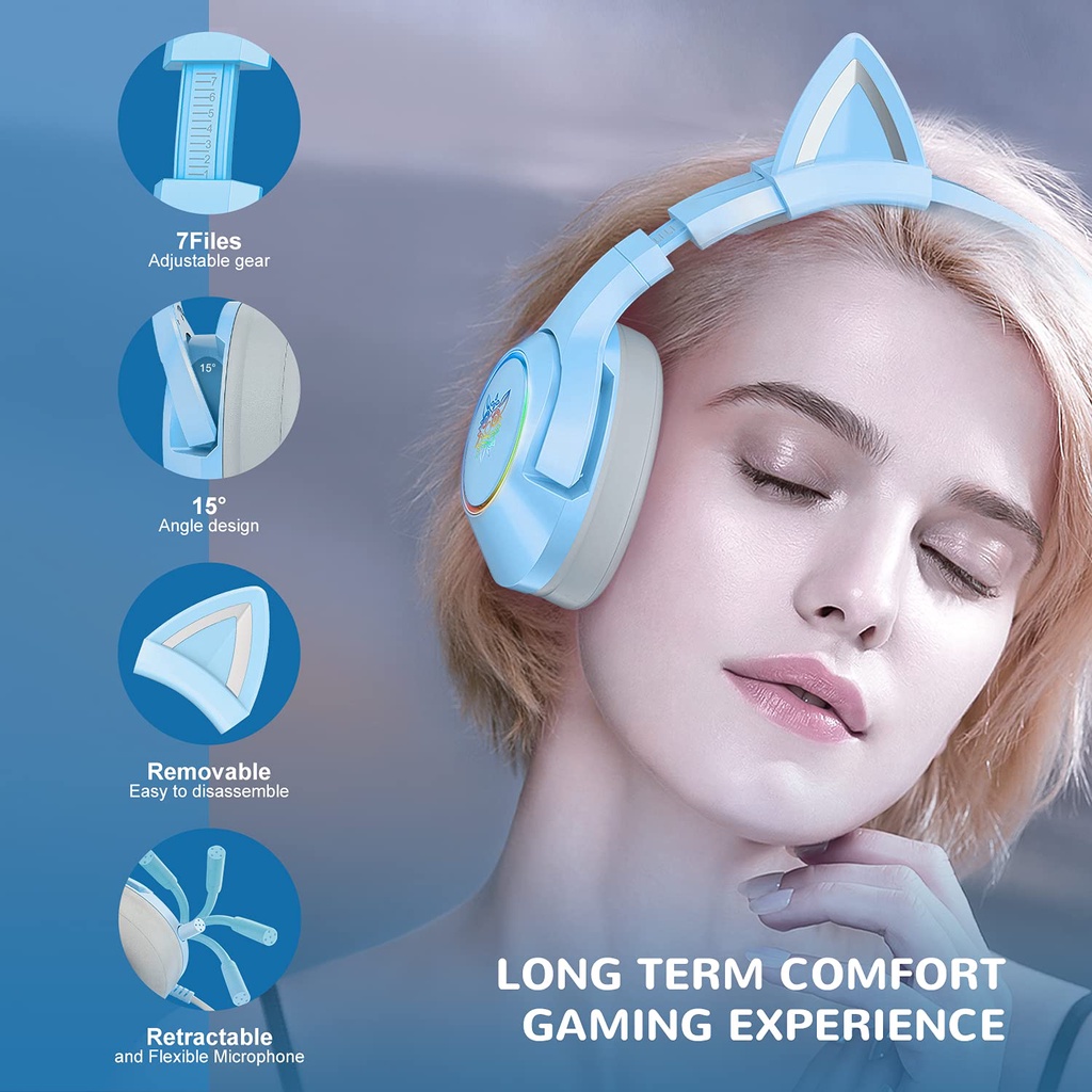 Tai nghe chơi game Màu xanh ONIKUMA K9 có mic, với tai mèo có thể tháo rời, có RGB, Headphone Gaming, Cho PC Laptop