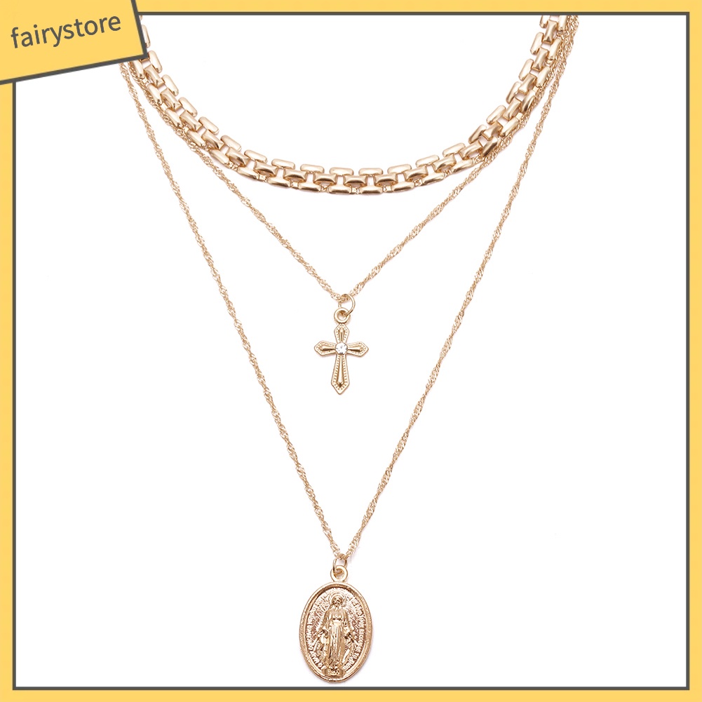 Dây chuyền đa lớp mặt hình chúa jesus và thánh giá thời trang
