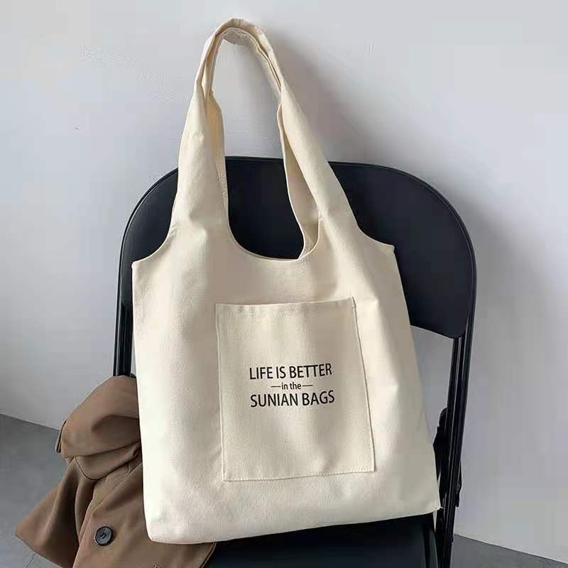 Túi tote đi học nữ vải Canvas hàn quốc giá rẻ có túi nhỏ trước in Life is better AH1606