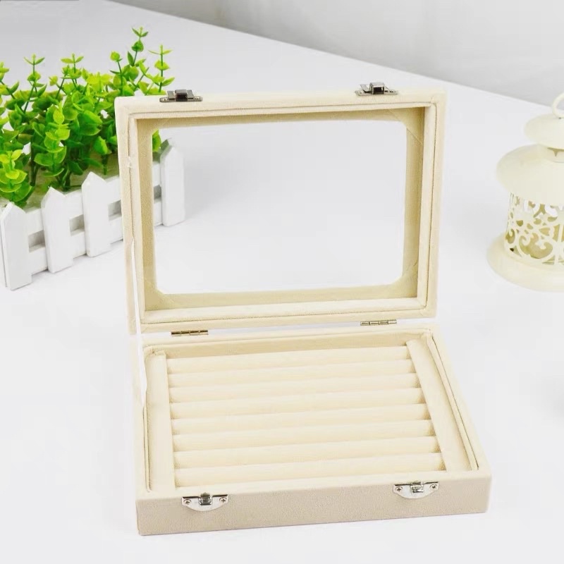 Hộp Đựng Nhẫn Và Trang Sức Bằng Gỗ Bọc Nhung Có Kính Chống Bụi Bẩn Kích Thước 20x15x5cm