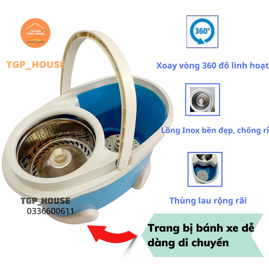Bộ thùng lau nhà 360 độ Thái Lan; Lồng vắt, Cây lau nhà và Mâm lau bằng Inox [HÀNG CHẤT LƯỢNG]