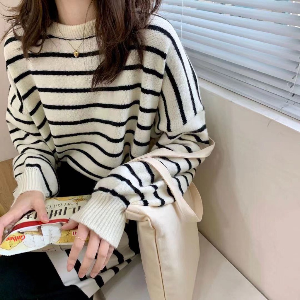 Áo sweater kẻ sọc dáng rộng thời trang phong cách Hàn Quốc