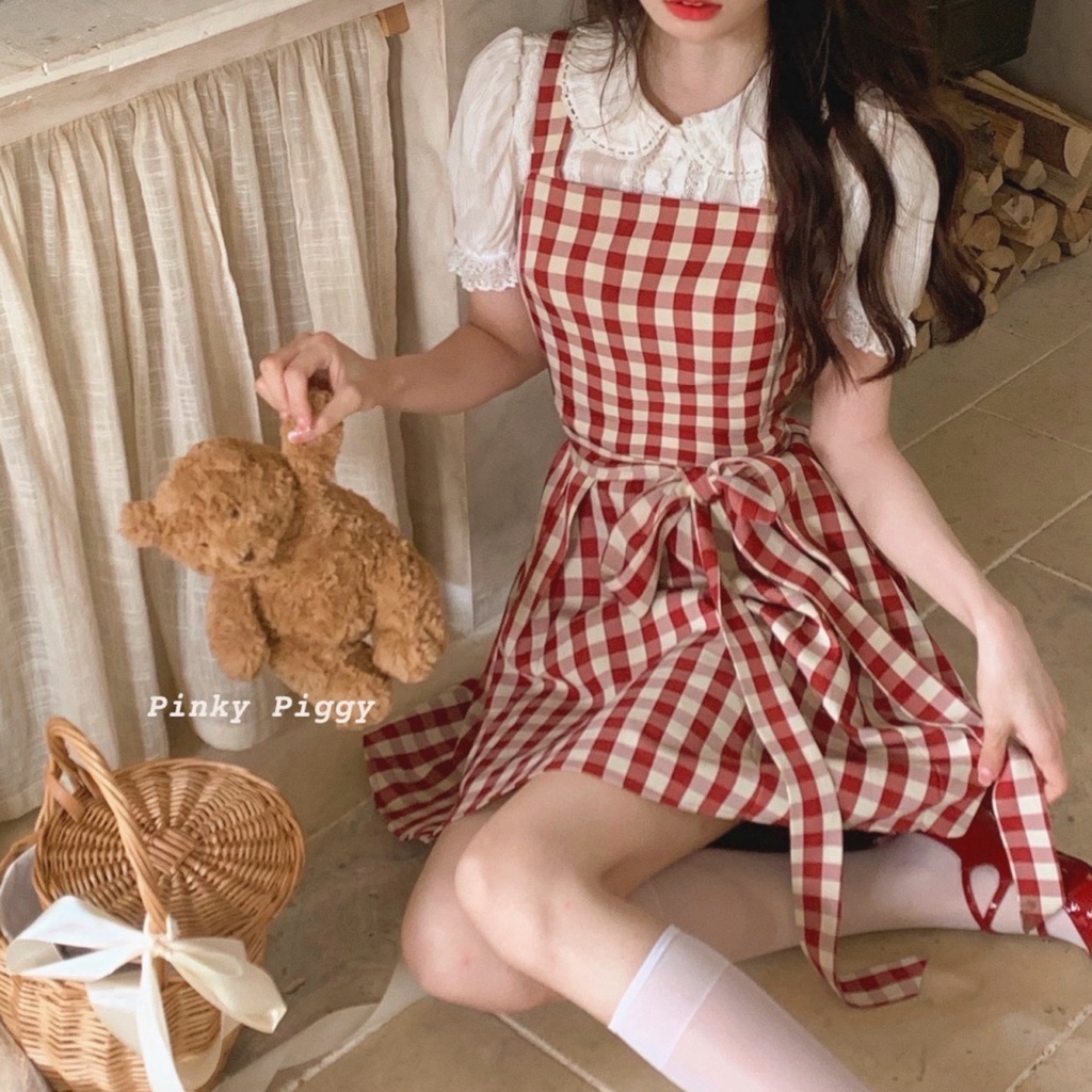 Jiashucheng Bộ Áo Cổ Búp Bê Họa Tiết Sọc Caro Phối Chân Váy Hai Dây Thời Trang Mùa Hè Cho Bạn Gái