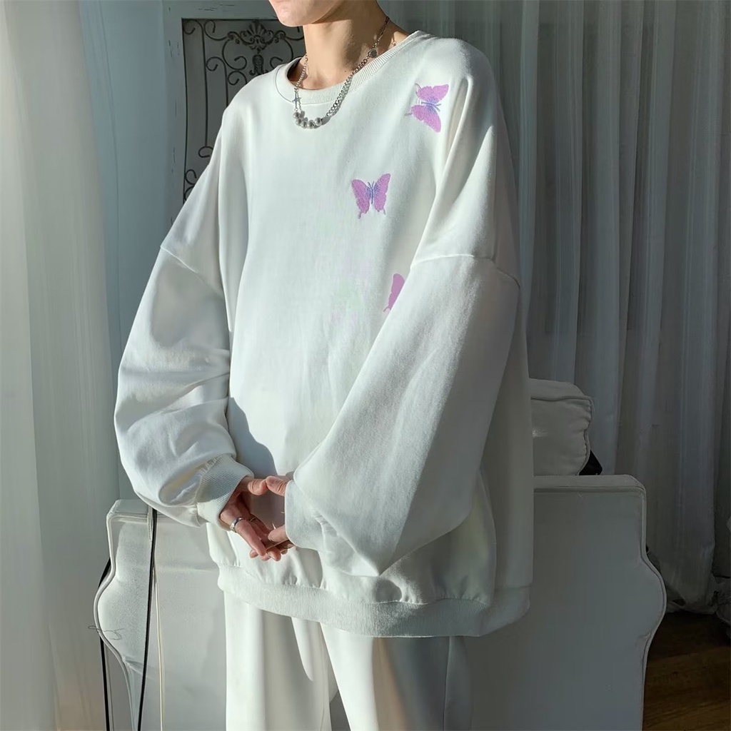 Áo Sweater Dáng Rộng Cổ Tròn Tay Dài In Hình Bướm Thời Trang Mùa Thu Cho Nam Và Nữ