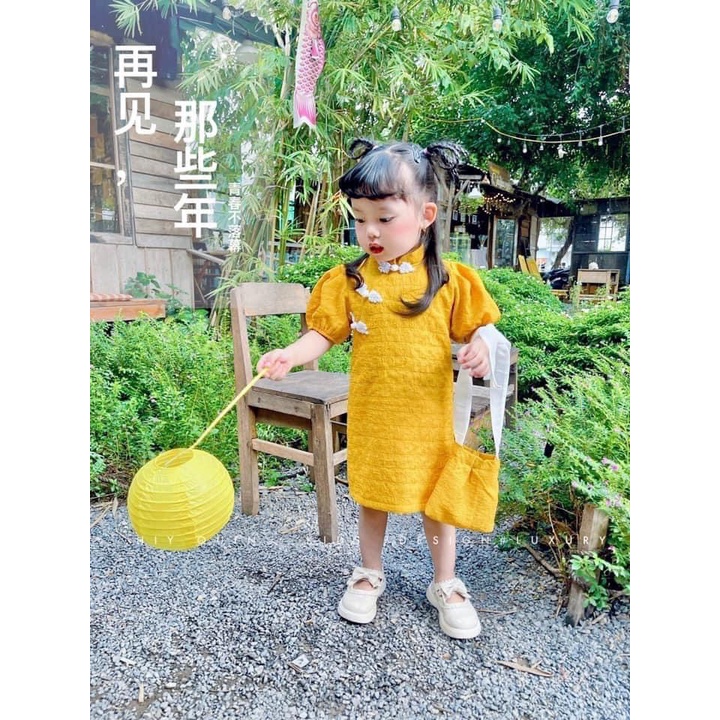 Áo dài cách tân bé gái, váy trung thu vải xốp nhăn cực xịn sò kèm tùi cho bé size 10-32kg