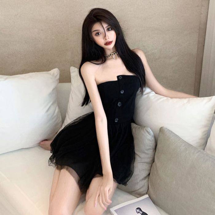 Đầm Ống Phối Lưới Màu Đen Cỡ Nhỏ Thời Trang Mùa Xuân Cho Nữ 2021