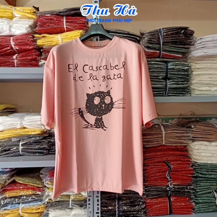 Áo phông unisex Thu Hà áo thun form rộng tay lỡ, chất thun cotton co giãn in hình Mèo Chữ De La Ga Ta
