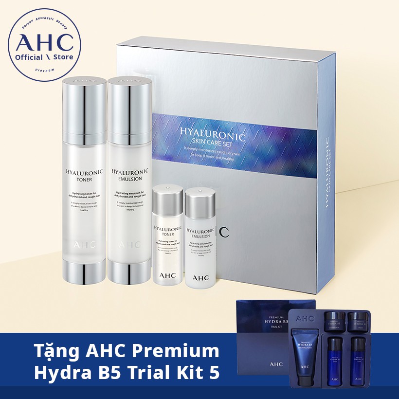 Bộ Toner và Emulsion Hyaluronic AHC Toner 100ml+30ml, Emulsion 100ml+30ml - Tặng AHC Premium Hydra B