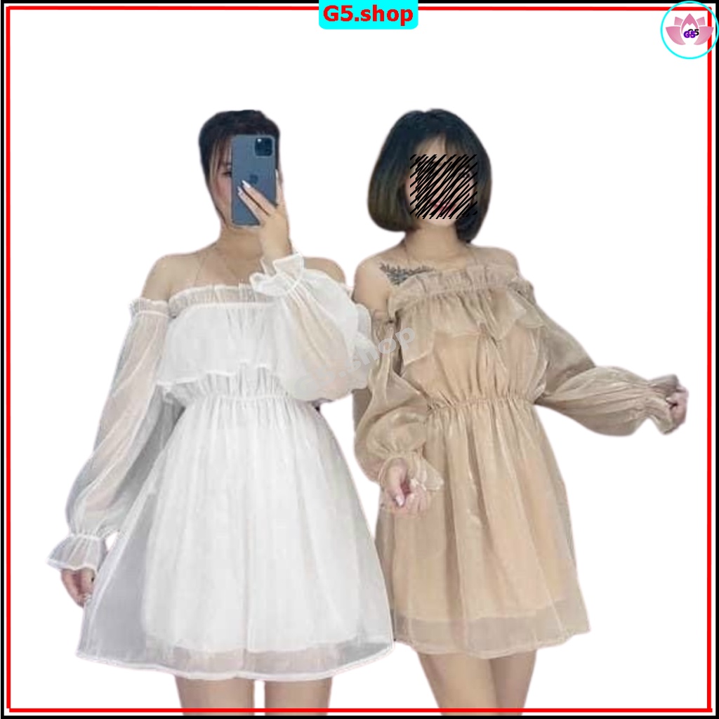 Váy Nữ Trễ Vai Tay Dài Bồng Dáng Xòe Tiểu Thư Style Hàn Quốc 3 Màu Đen Trắng Kem