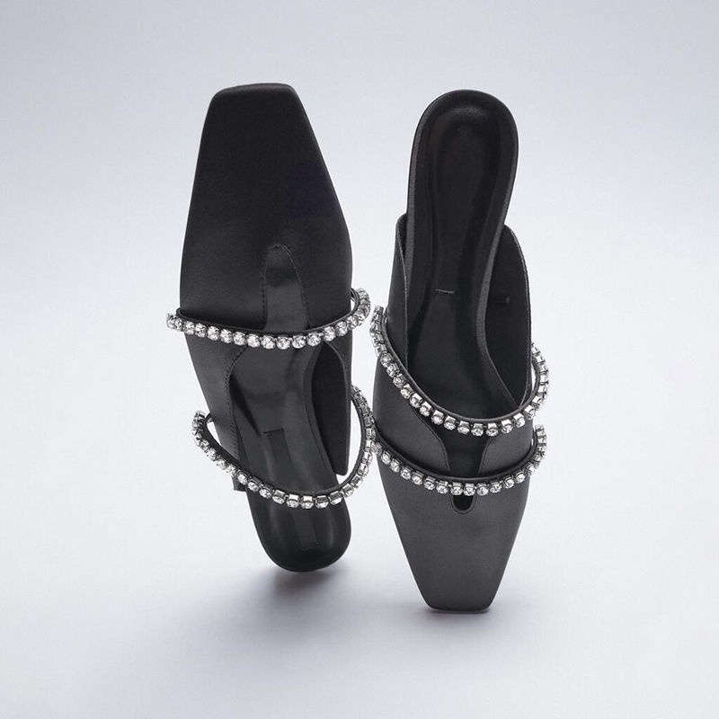 2022 mùa xuân và mùa hè mới đáy phẳng mules Pháp bán đường mòn đầu vuông rhinestone giày dép nữ