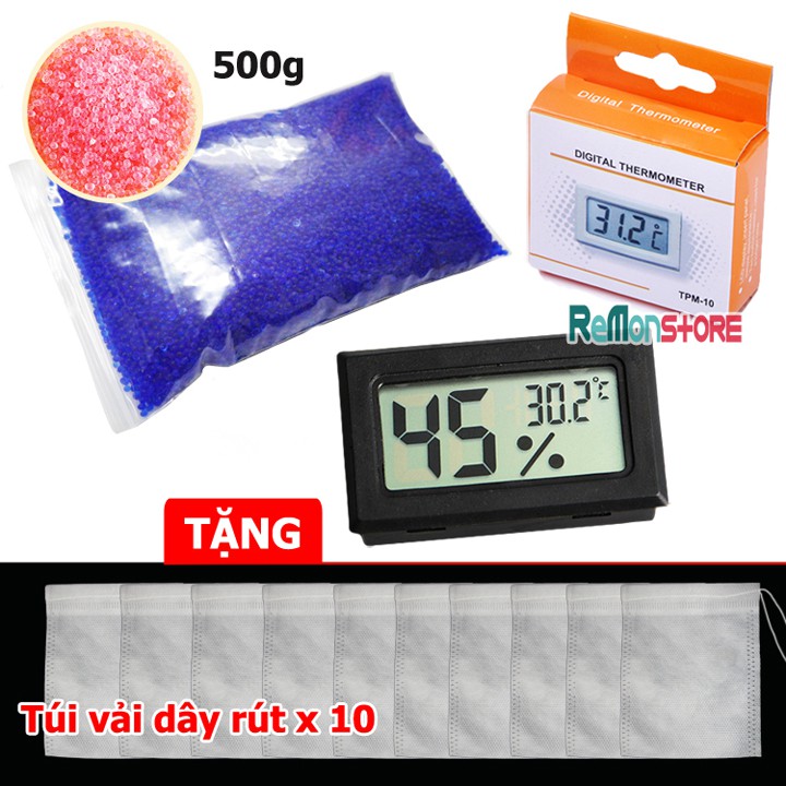 Combo 500g hạt hút ẩm chống ẩm Xanh và Ẩm kế điện tử Full Box