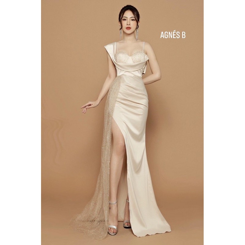 Đầm Dự Tiệc Xẻ Tà Phối Khăn Choàng Kim Sa, Váy đầm dự tiệc cao cấp