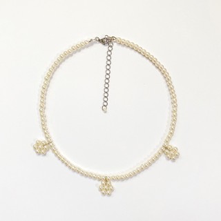 Vòng Cổ Choker Handmade Hạt Đá Thuỷ Tinh Giả Trai Bông Hoa Triple Pearly Flowers