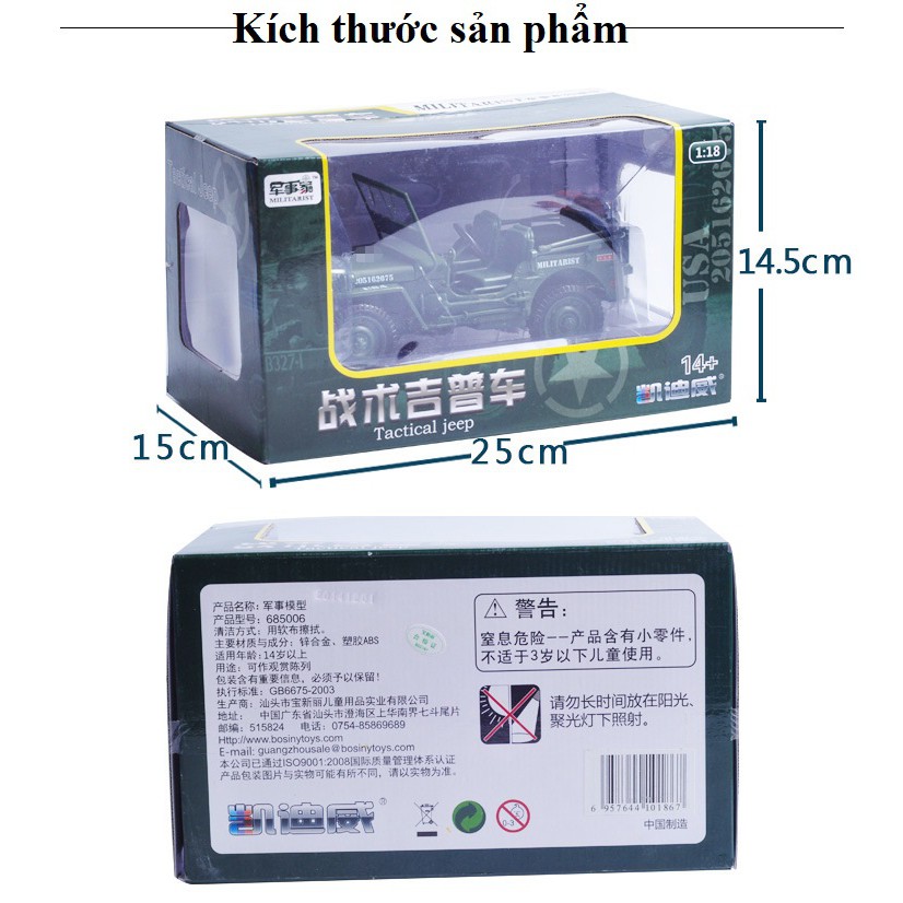 [ Cam kết sản phẩm y hình, uy tín, chất lượng ] Mô hình hợp kim xe JEEP quận sự, tỉ lệ 1:18, màu xanh rêu, kích thước lớ