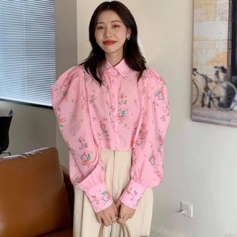 Áo sơ mi kiểu nữ tay dài phồng croptop hoa nhí hồng thiết kế - Order taobao quảng châu