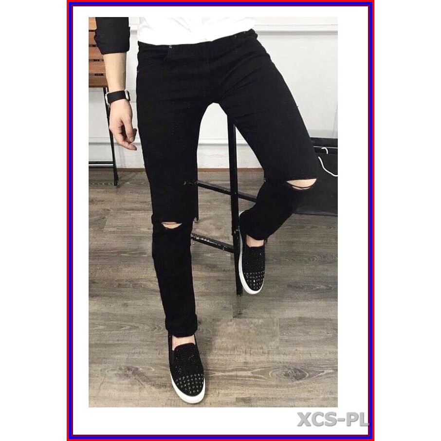 Quần jean nam cao cấp ĐEN RÁCH GỐI siêu đẹp không xù lông, không ra màu, chất giãn tốt rrgoi3-1.46