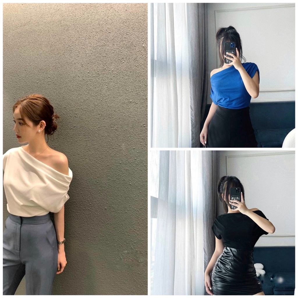 Áo lệch vai tay hến chất cotton mềm full 3 màu xanh trắng đen fullsize tay ngắn co giãn sang đẹp chảnh cho nữ
