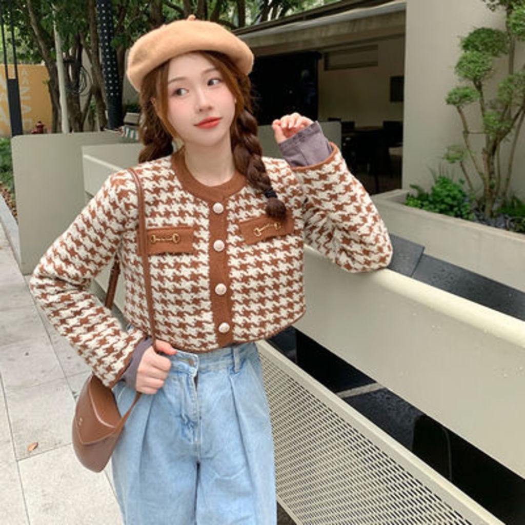 Xiaoxiangfeng Áo Khoác Cardigan Dệt Kim Eo Cao Màu Sắc Tương Phản Phong Cách Phương Tây Thời Trang Thu Đông Hàn Quốc Dành Cho Nữ