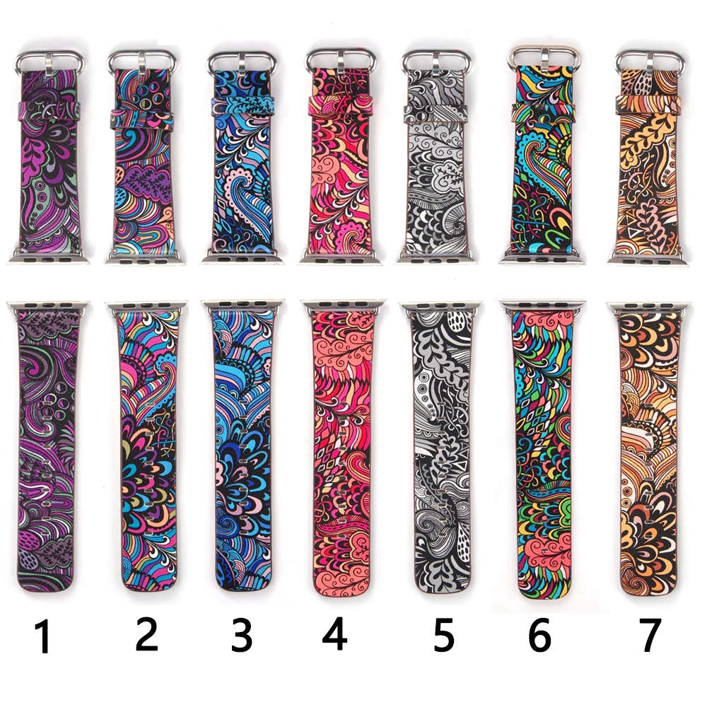 Dây Đeo Đồng Hồ Thông Minh Bằng Da In Họa Tiết Cho Apple Watch Series 1 2 3 4 5 6 7 42mm 44mm 38mm 40mm 41mm 45mm
