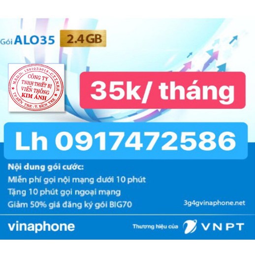 100 SIM VINA gói Alo35 MIỄN PHÍ TẤT CẢ CUỘC GỌI DƯỚI 10 PHÚT - sim vinaphone GỌI MIỄN PHÍ