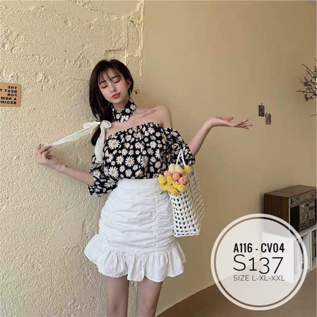 Bigsize Set hoa cúc trễ vai S137