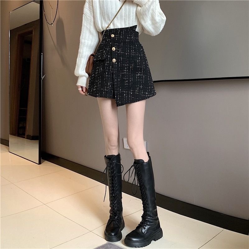 Chân Váy Dạ Tweed BIG SIZE Cạp Chéo Phối 3 Cúc Túi Giả Kiểu Váy Ngắn Chữ A Thu Đông THUS90