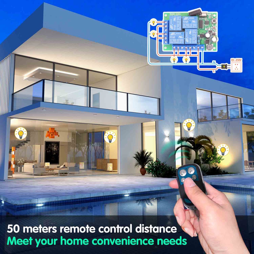 Bộ điều khiển từ xa DIESE không dây RF rơ le 433Mhz AC85V ~ 250V 4 Gang thích hợp cho gara và công tắc đèn